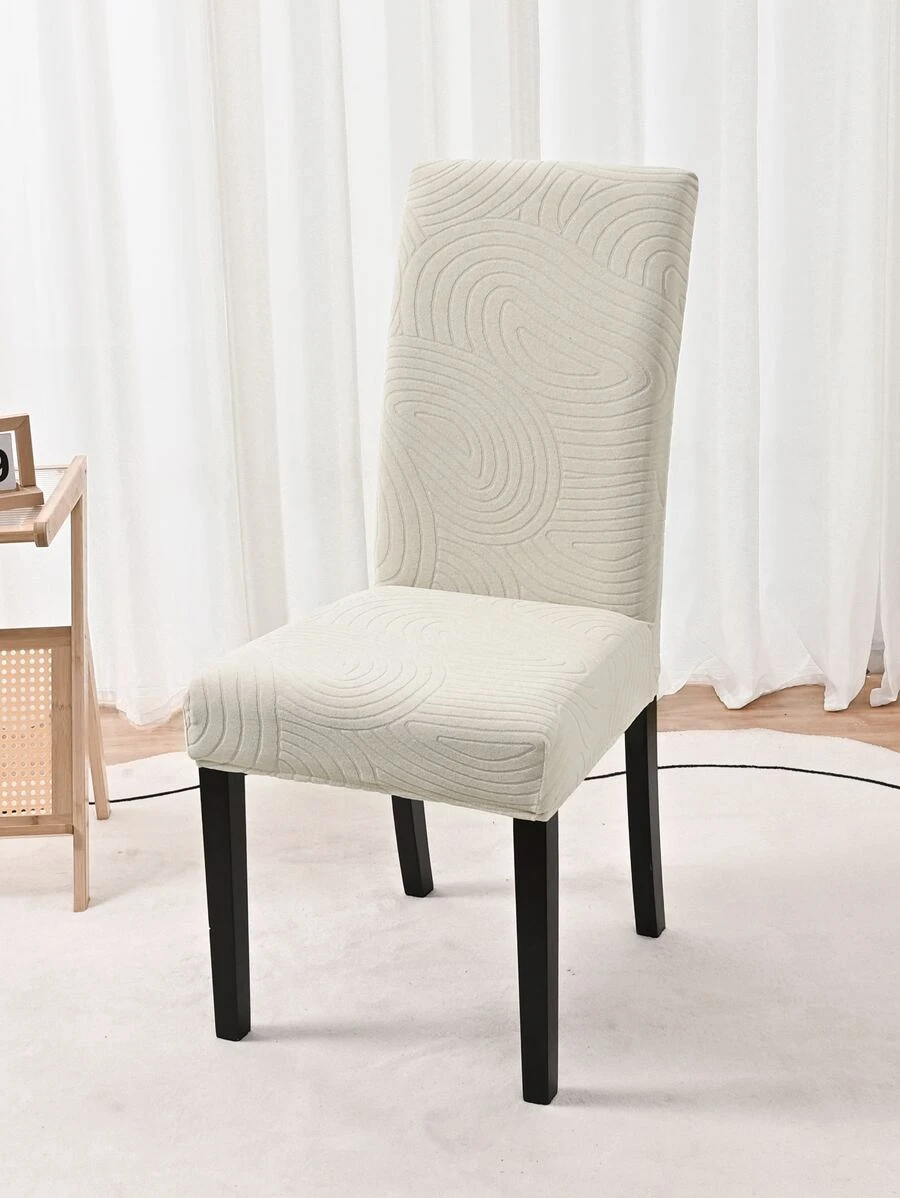 1pc Polyester Dining Chair Slipcover, Geometric Jacquard Waterproof Dining Room Chair Slipcover For Home - Beige - View 1