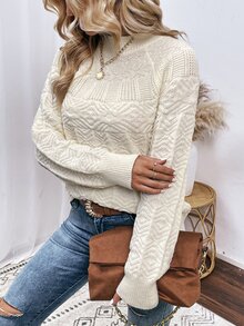 SHEIN Unity 條紋針織插肩袖套頭毛衣 - 米色 - 查看 5