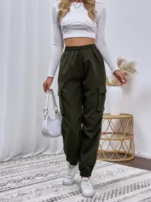 SHEIN Unity Flap Pocket Drawstring Waist Cargo Trousers - Army Green - View 3