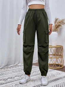 SHEIN Unity Flap Pocket Drawstring Waist Cargo Trousers - Army Green - View 4
