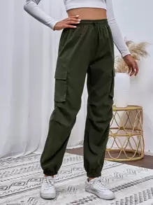 SHEIN Unity Flap Pocket Drawstring Waist Cargo Trousers - Army Green - View 6