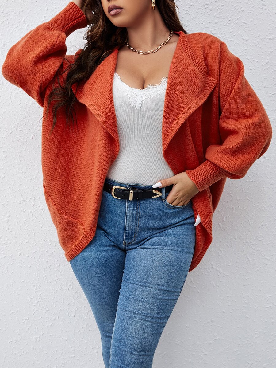 Calvaya Plus Waterfall Collar Drop Shoulder Duster Cardigan - Orange - View 1
