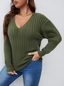 大碼落肩袖條紋針織套頭毛衣