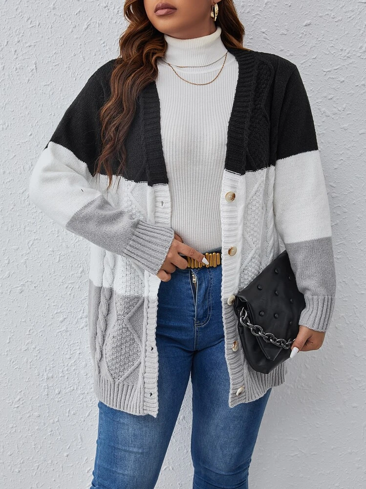 SHEIN Franclia כפתורים קדמיים קולורבלוק קז'ואל קרדיגן במידה גדולה - ריבוי צבעים - ראה 1