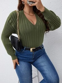 大碼落肩袖條紋針織套頭毛衣