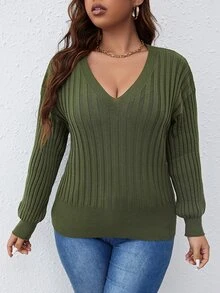 大碼落肩袖條紋針織套頭毛衣