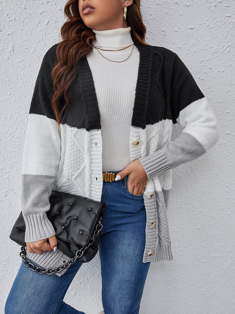 SHEIN Franclia כפתורים קדמיים קולורבלוק קז'ואל קרדיגן במידה גדולה - ריבוי צבעים - ראה 4