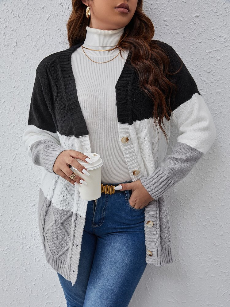 SHEIN Franclia כפתורים קדמיים קולורבלוק קז'ואל קרדיגן במידה גדולה - ריבוי צבעים - ראה 5