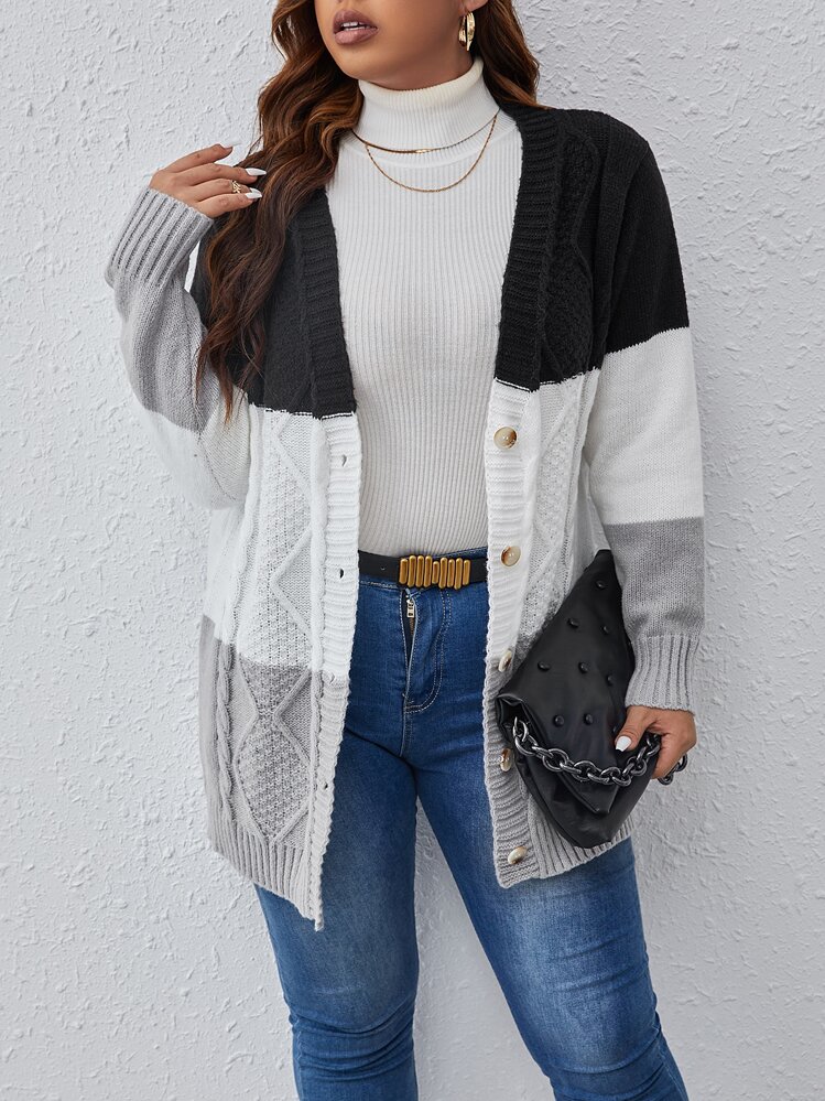 SHEIN Franclia כפתורים קדמיים קולורבלוק קז'ואל קרדיגן במידה גדולה - ריבוי צבעים - ראה 6