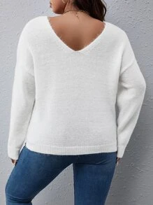 Flirla Plus Contrast Lace Drop Shoulder Jumper - White - View 2