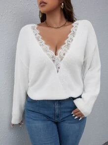 Flirla Plus Contrast Lace Drop Shoulder Jumper - White - View 3