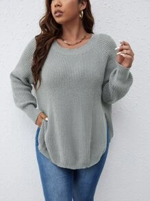 SHEIN Unity Plus Raglan Sleeve Split Side Jumper - Grey - View 1