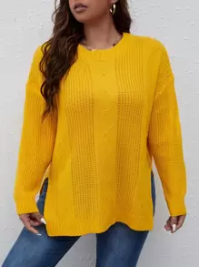 Calvaya Áo len cổ tròn tay rớt vai xẻ tà, chất liệu dệt kim, thích hợp cho mùa thu đông. - Màu vàng - Xem 3