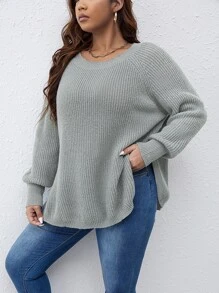 SHEIN Unity Plus Raglan Sleeve Split Side Jumper - Grey - View 4