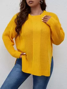 Calvaya Áo len cổ tròn tay rớt vai xẻ tà, chất liệu dệt kim, thích hợp cho mùa thu đông. - Màu vàng - Xem 5