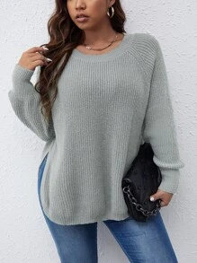 SHEIN Unity Plus Raglan Sleeve Split Side Jumper - Grey - View 6