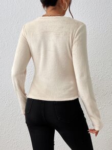 SHEIN Essnce Solid V Neck Flannelette Tee - Apricot - View 2