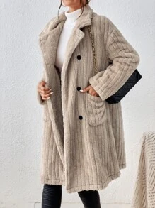 SHEIN Privé Lapel Neck Dual Pocket Double Breasted Teddy Coat - Beige - View 1