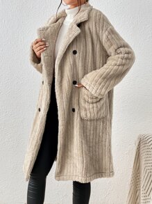 SHEIN Privé Lapel Neck Dual Pocket Double Breasted Teddy Coat - Beige - View 3