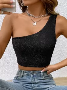 SHEIN BAE One Shoulder Crop Glitter Top - Black - View 1
