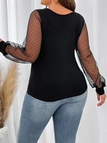 SHEIN Privé áo nữ kích thước lớn Tương phản Mesh màu trơn Thanh lịch - màu đen - Xem 2