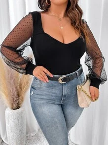 SHEIN Privé áo nữ kích thước lớn Tương phản Mesh màu trơn Thanh lịch - màu đen - Xem 3