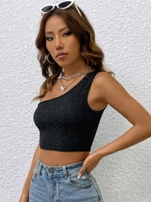 SHEIN BAE One Shoulder Crop Glitter Top - Black - View 4