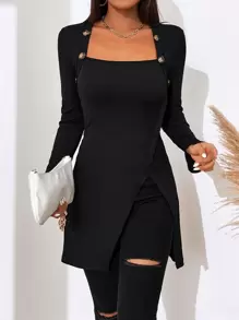 SHEIN Frenchy 紐扣細節下擺開叉T恤 - 黑色 - 查看 1