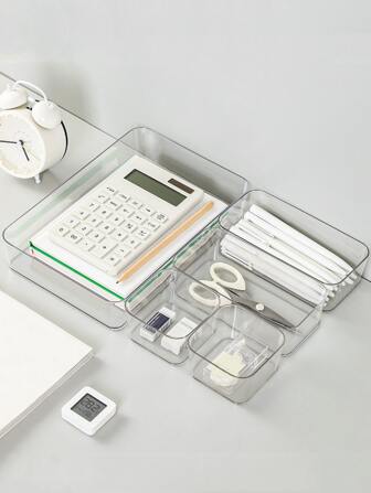 1入組多功能塑膠透明桌面收納盒適用於文具辦公用品護膚工具