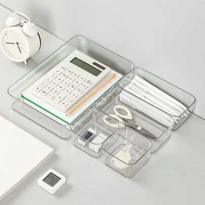 1入組多功能塑膠透明桌面收納盒適用於文具辦公用品護膚工具