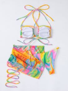 SHEIN X Hangout Fest 扎染露背式夏季沙灘比基尼套裝，配有沙灘裙 - 彩色 - 查看 6