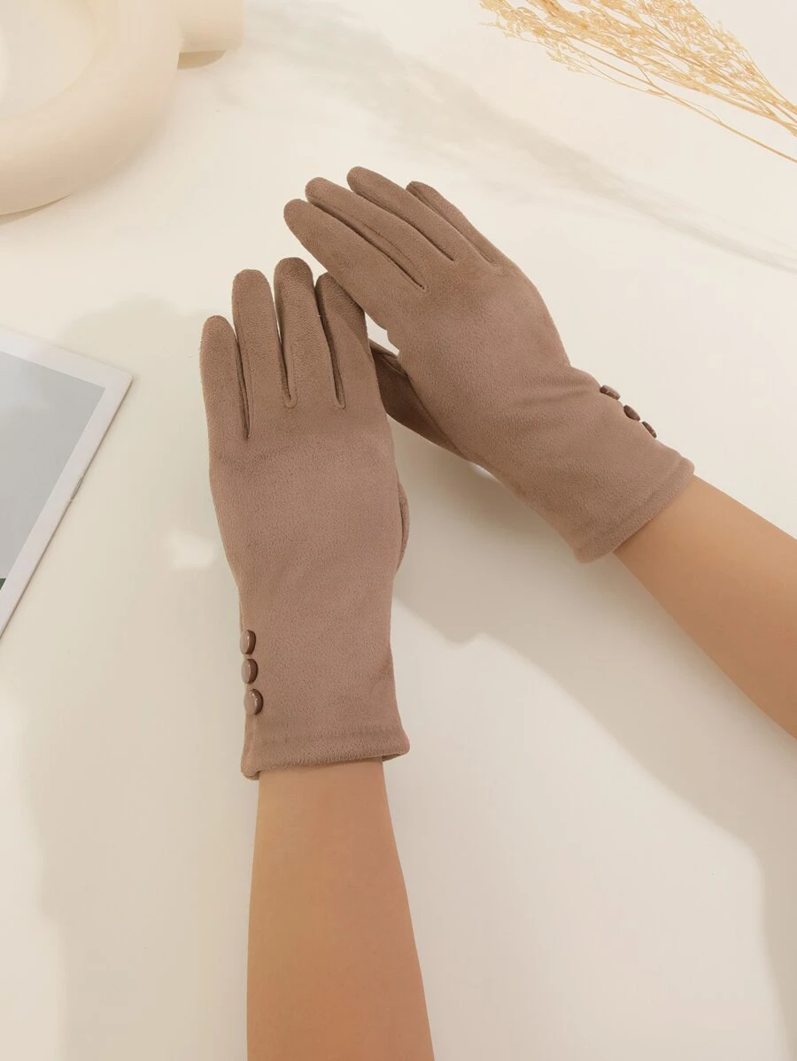 1 双女士冬季手套，经典款式，绒面革保暖内衬，三粒扣，兼容屏幕触摸，非常适合秋冬季散步、户外活动、骑自行车和驾驶。 - 卡其色 - 查看 1