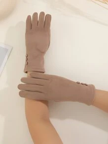 1 双女士冬季手套，经典款式，绒面革保暖内衬，三粒扣，兼容屏幕触摸，非常适合秋冬季散步、户外活动、骑自行车和驾驶。 - 卡其色 - 查看 3