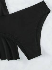 SHEIN Swim Summer Beach Solid Tankini Set Lace Up Side Flowy Swim Dress & Bikini Bottom 2 Piece Bathing Suit - Black - View 3