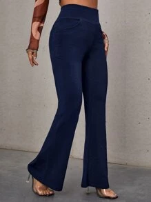 SHEIN Essnce High Waist Slant Pocket Flare Leg Trousers - Navy Blue - View 4