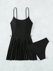 SHEIN Swim Summer Beach Solid Tankini Set Lace Up Side Flowy Swim Dress & Bikini Bottom 2 Piece Bathing Suit - Black - View 4