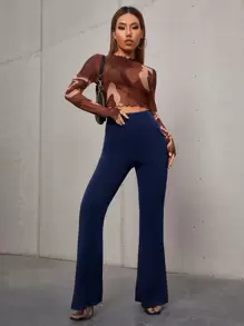 SHEIN Essnce High Waist Slant Pocket Flare Leg Trousers - Navy Blue - View 5