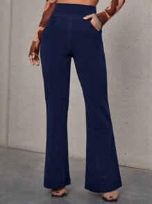 SHEIN Essnce High Waist Slant Pocket Flare Leg Trousers - Navy Blue - View 6