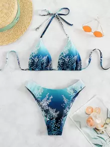 SHEIN Swim Plant Print Halter Triangle Summer Beach Bikini Set - Blue - View 4