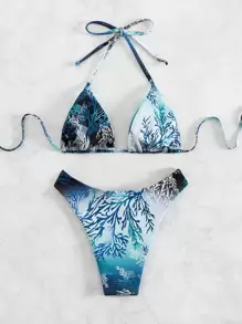 SHEIN Swim Plant Print Halter Triangle Summer Beach Bikini Set - Blue - View 5