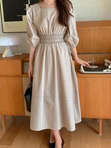 DAZY Solid Puff Sleeve Ruched Detail A-Line Dress Sundress,Casual Women Dresses - Khaki - View 1