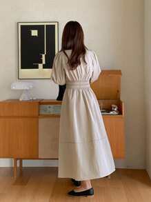 DAZY Solid Puff Sleeve Ruched Detail A-Line Dress Sundress,Casual Women Dresses - Khaki - View 2