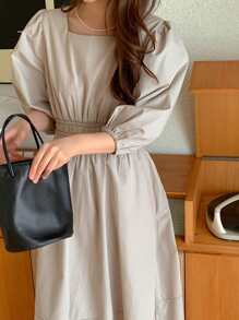 DAZY Solid Puff Sleeve Ruched Detail A-Line Dress Sundress,Casual Women Dresses - Khaki - View 3