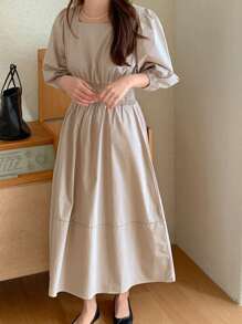 DAZY Solid Puff Sleeve Ruched Detail A-Line Dress Sundress,Casual Women Dresses - Khaki - View 4