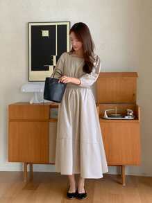 DAZY Solid Puff Sleeve Ruched Detail A-Line Dress Sundress,Casual Women Dresses - Khaki - View 5