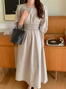 DAZY Solid Puff Sleeve Ruched Detail A-Line Dress Sundress,Casual Women Dresses - Khaki - View 6