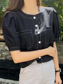 DAZY Blusa en contraste con puntada de manga farol - Azul Marino - Ver 2