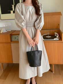 DAZY Solid Puff Sleeve Ruched Detail A-Line Dress Sundress,Casual Women Dresses - Khaki - View 7