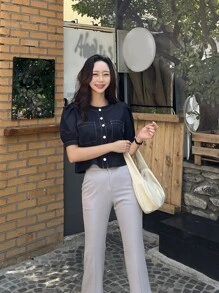 DAZY Blusa en contraste con puntada de manga farol - Azul Marino - Ver 6