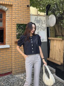 DAZY Blusa en contraste con puntada de manga farol - Azul Marino - Ver 7